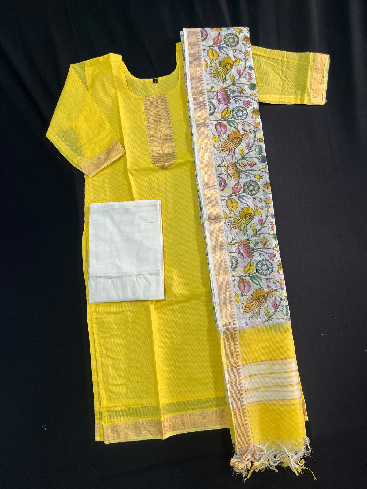 Mangalagiri Cotton Kurti Set Yellow – Premium Full-Length Lining for Women
