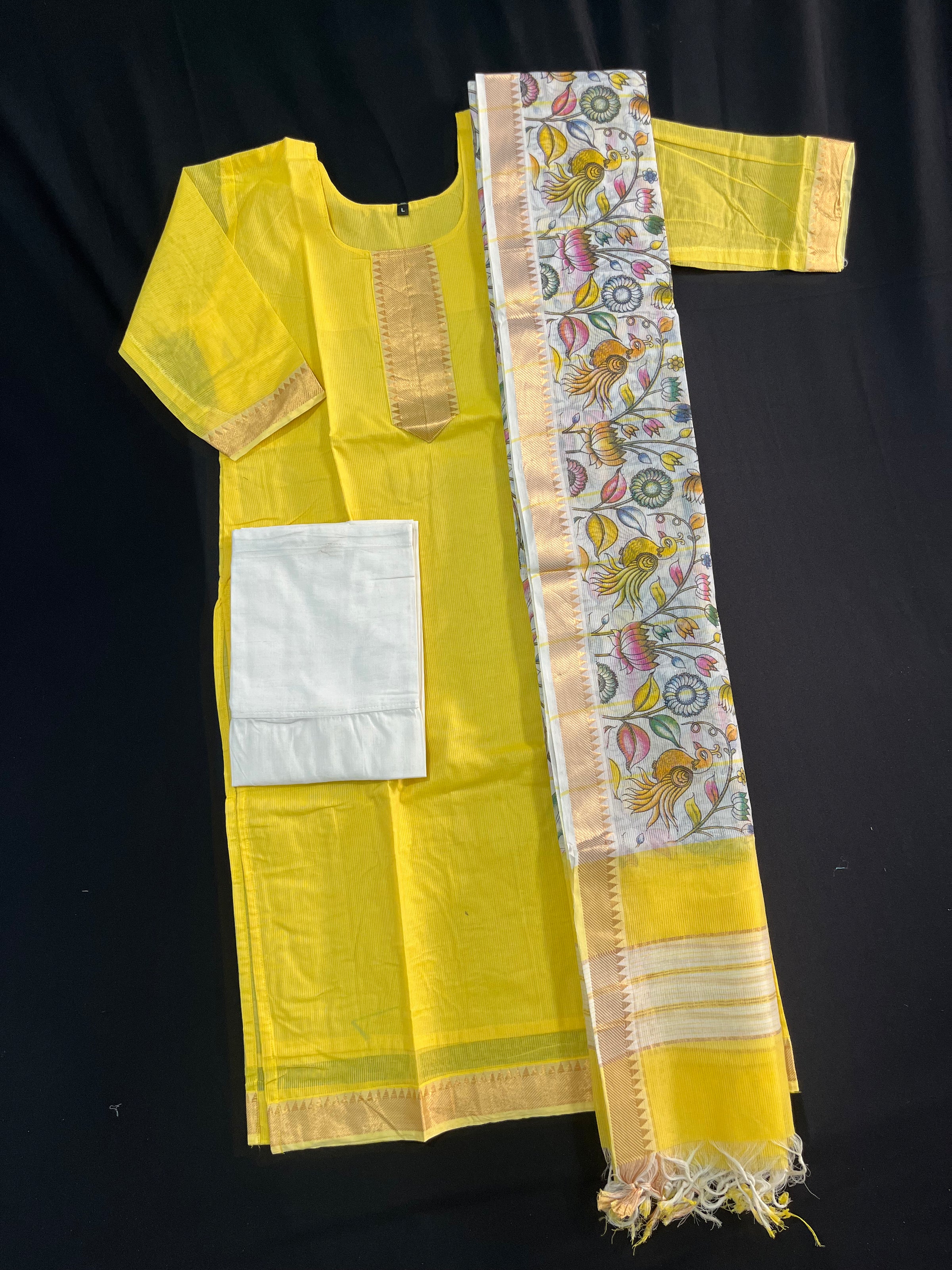 Mangalagiri Cotton Kurti Set Yellow – Premium Full-Length Lining for Women