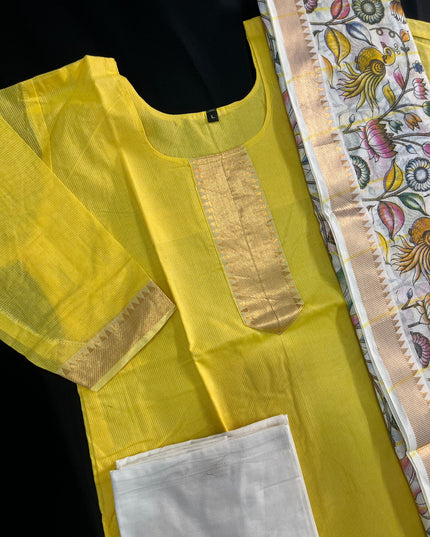 Mangalagiri Cotton Kurti Set Yellow – Premium Full-Length Lining for Women