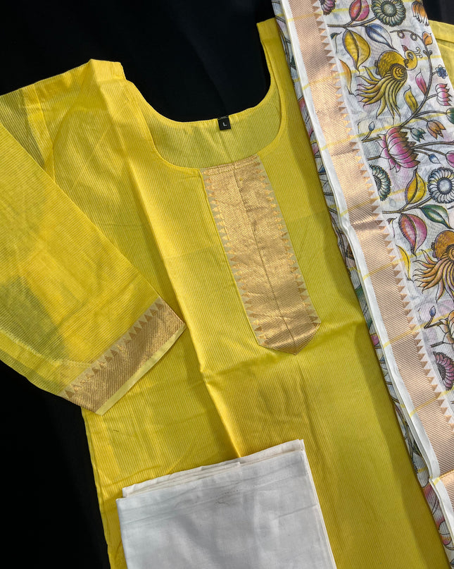 Mangalagiri Cotton Kurti Set Yellow – Premium Full-Length Lining for Women