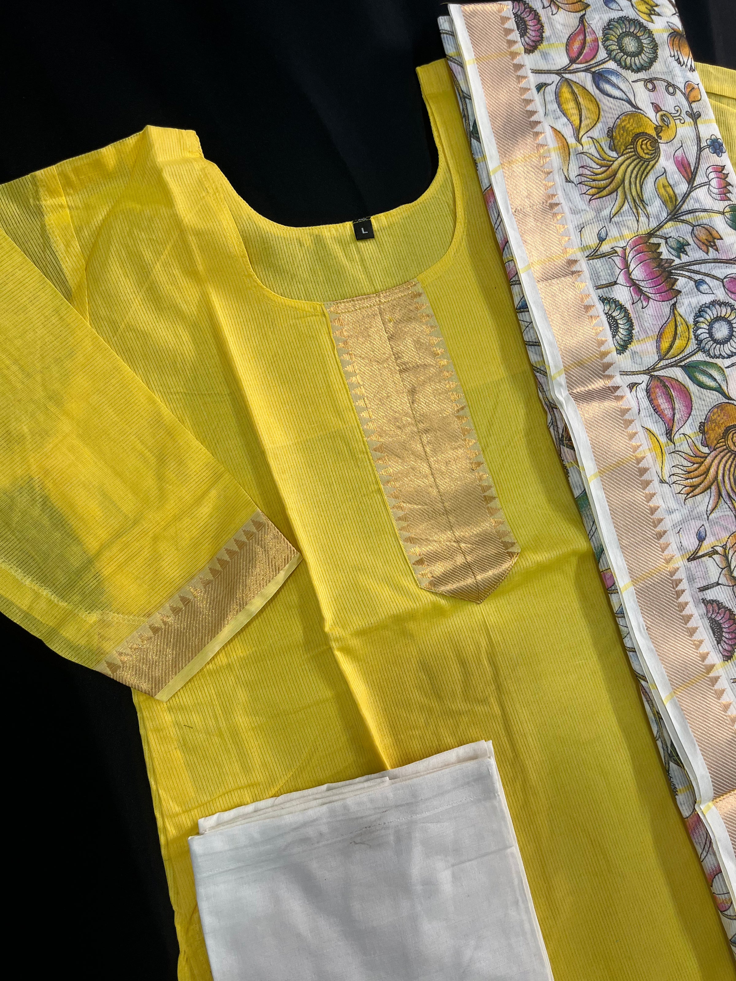 Mangalagiri Cotton Kurti Set Yellow – Premium Full-Length Lining for Women