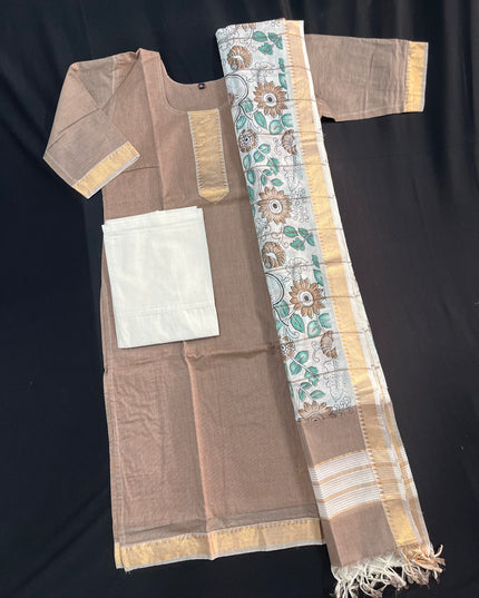 Mangalagiri Cotton Kurti Set Brown – Premium Full-Length Lining for Women