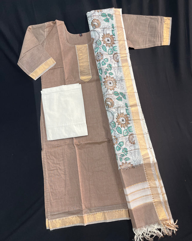 Mangalagiri Cotton Kurti Set Brown – Premium Full-Length Lining for Women