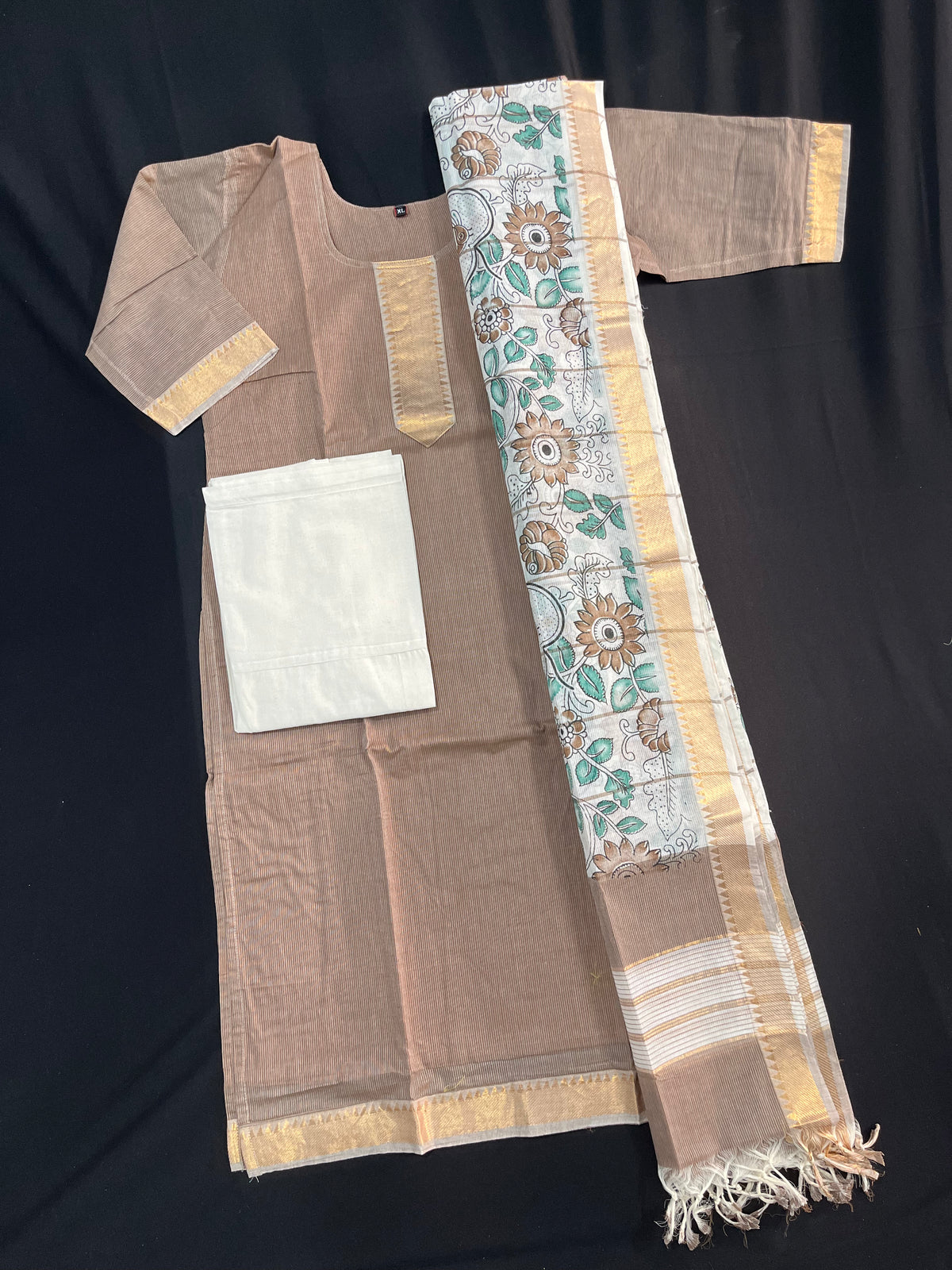 Mangalagiri Cotton Kurti Set Brown – Premium Full-Length Lining for Women