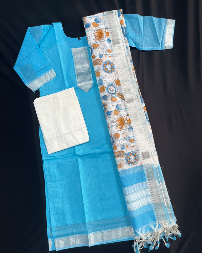 Mangalagiri Cotton Kurti Set Sky Blue – Premium Full-Length Lining for Women