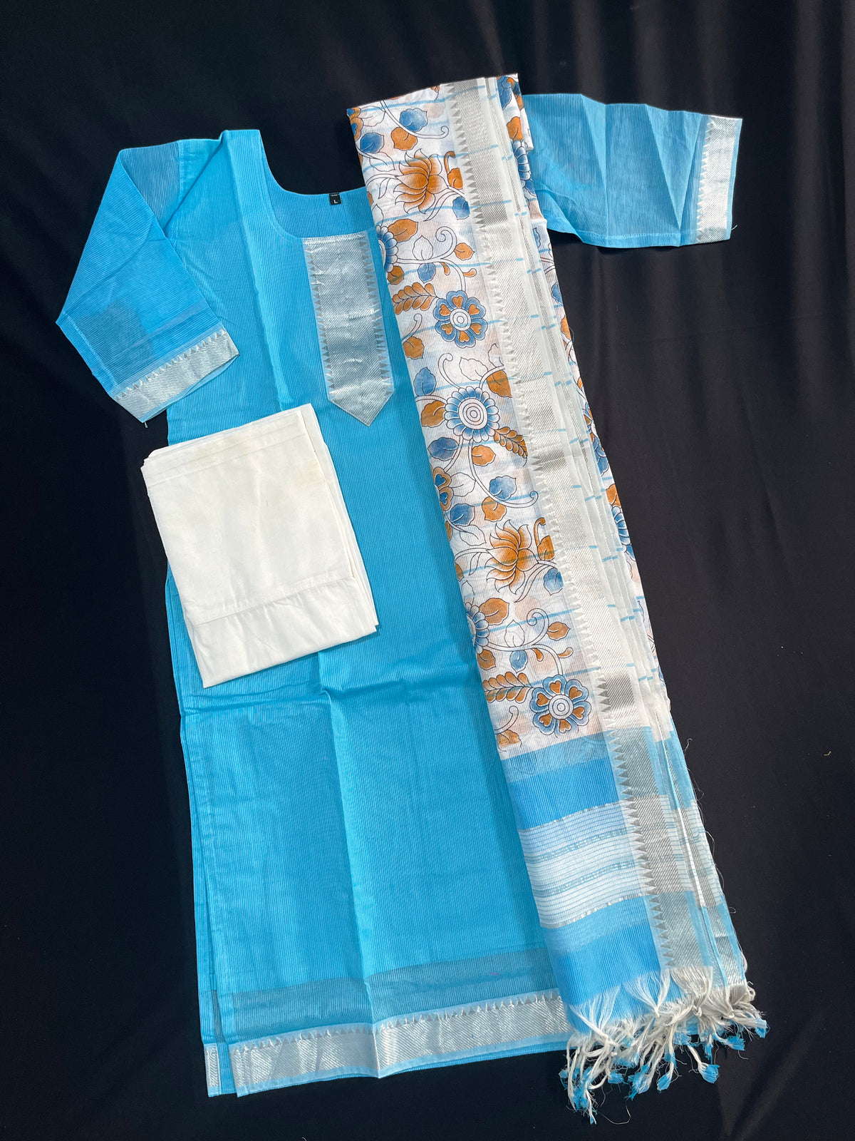 Mangalagiri Cotton Kurti Set Sky Blue – Premium Full-Length Lining for Women