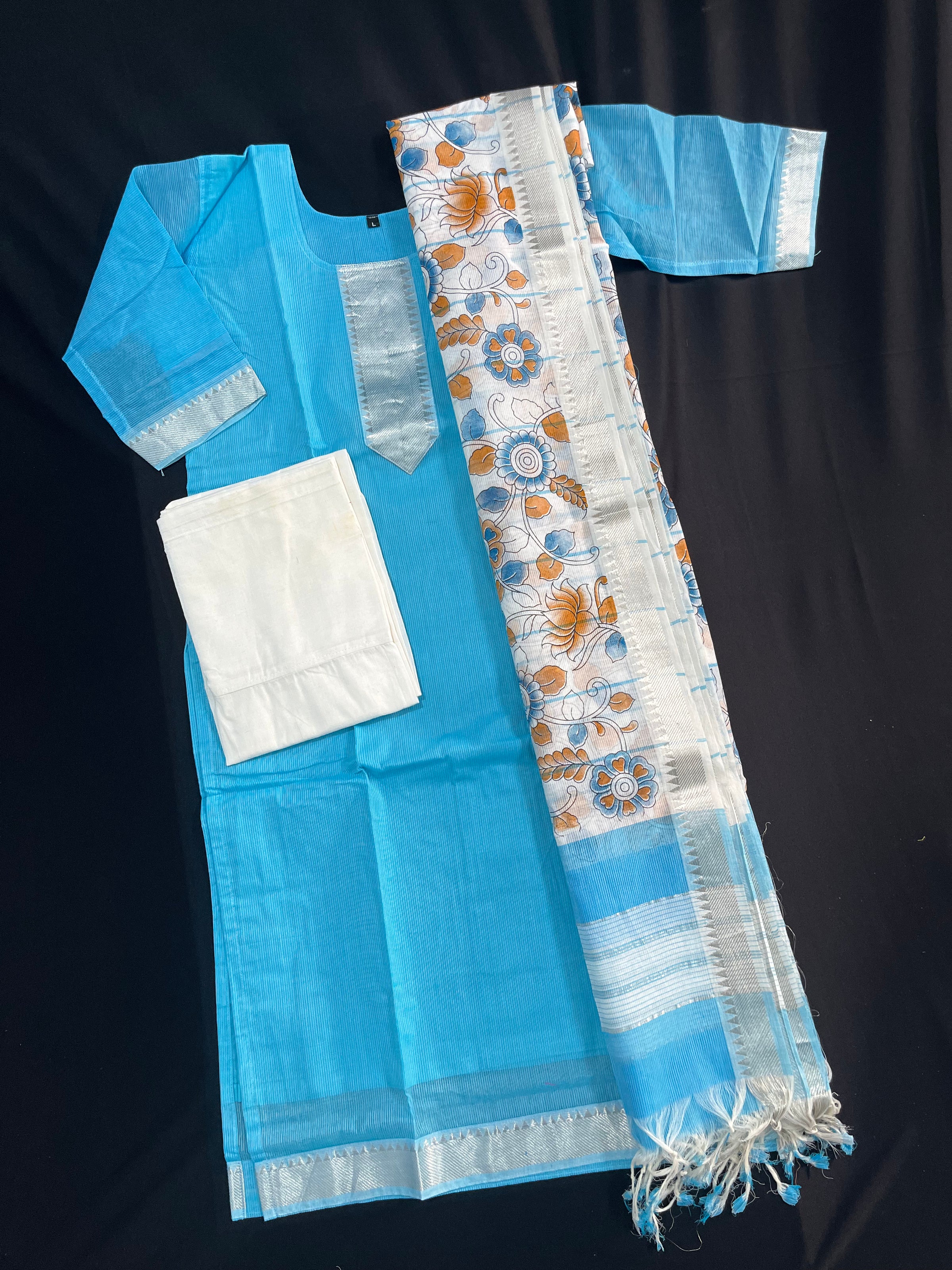 Mangalagiri Cotton Kurti Set Sky Blue – Premium Full-Length Lining for Women