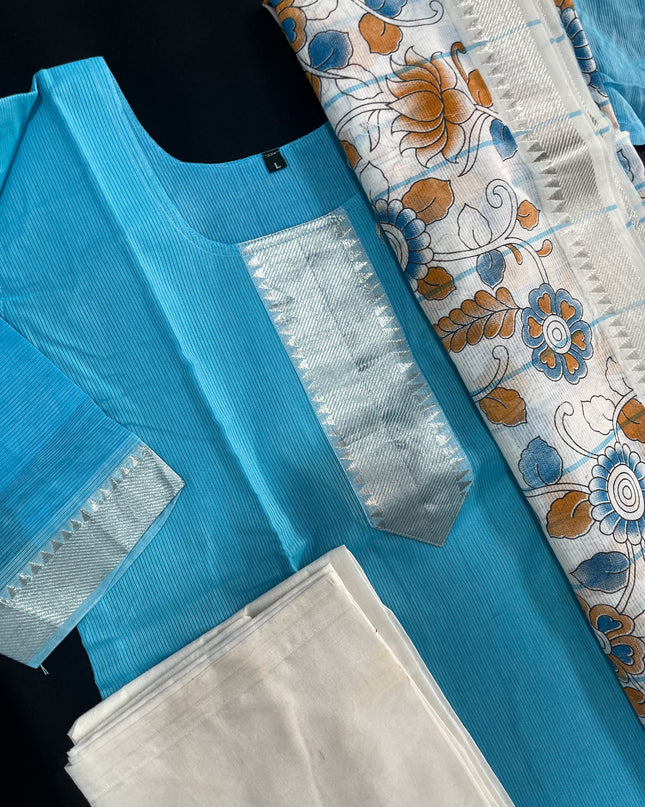 Mangalagiri Cotton Kurti Set Sky Blue – Premium Full-Length Lining for Women