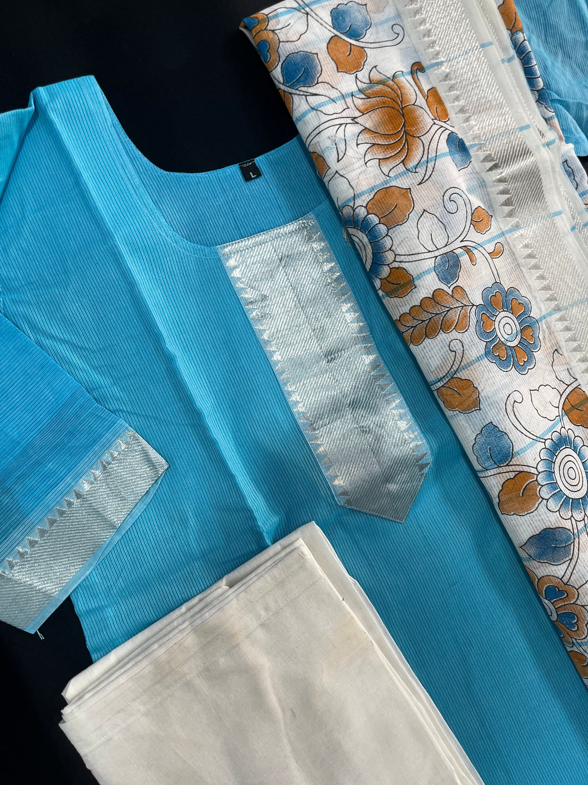 Mangalagiri Cotton Kurti Set Sky Blue – Premium Full-Length Lining for Women