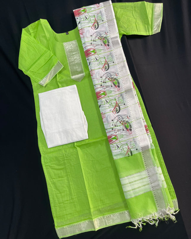 Mangalagiri Cotton Kurti Set Green – Premium Full-Length Lining for Women