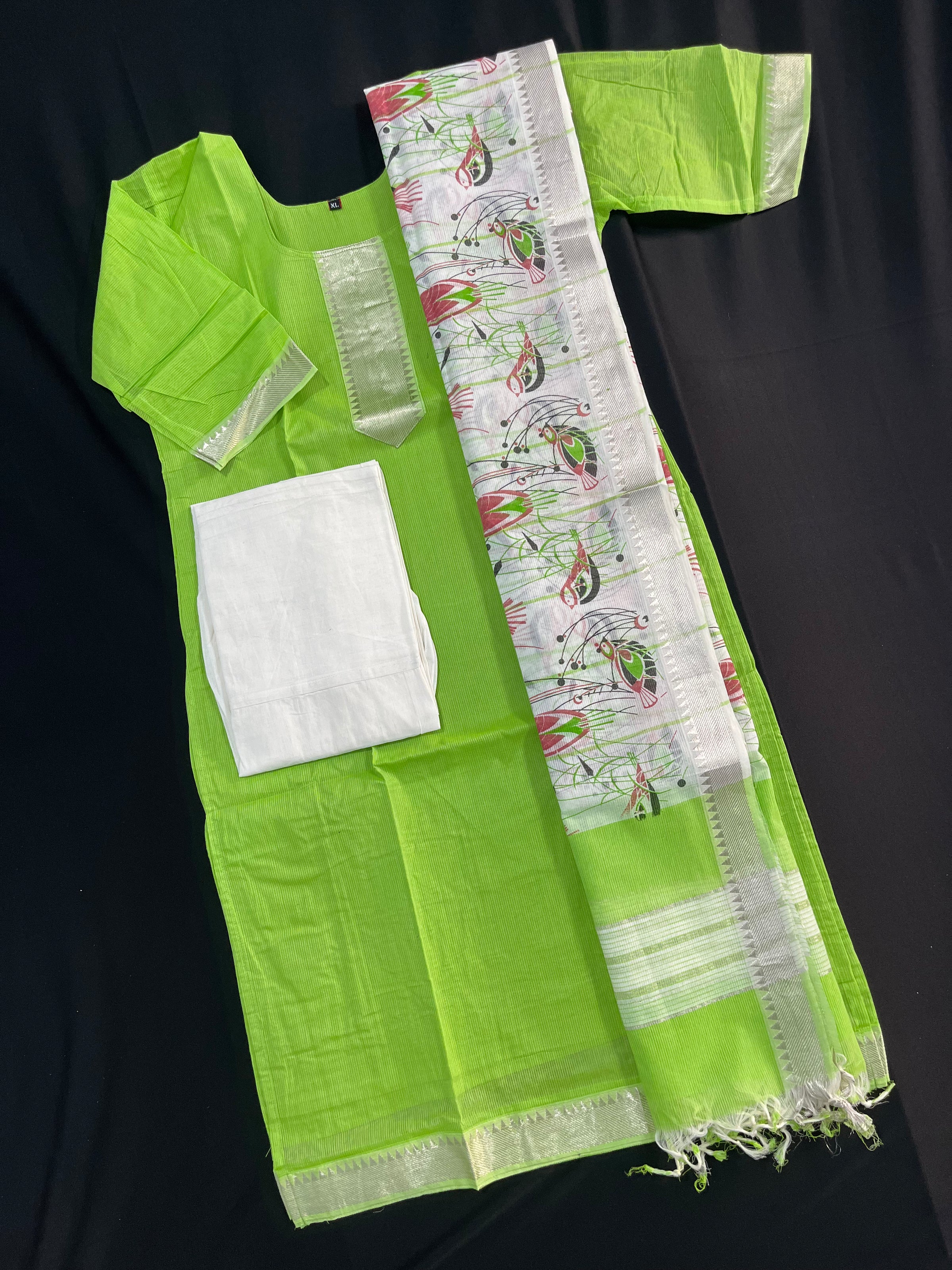 Mangalagiri Cotton Kurti Set Green – Premium Full-Length Lining for Women