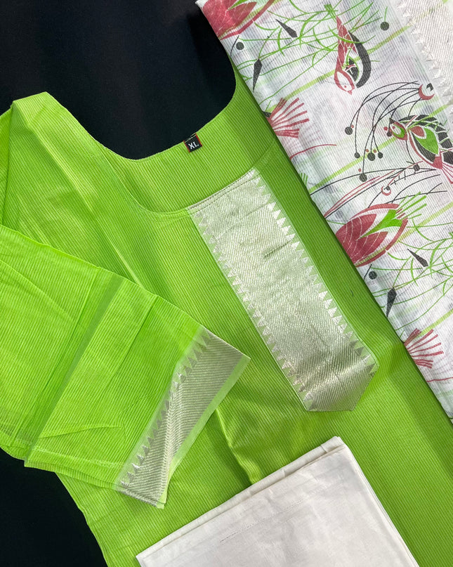 Mangalagiri Cotton Kurti Set Green – Premium Full-Length Lining for Women