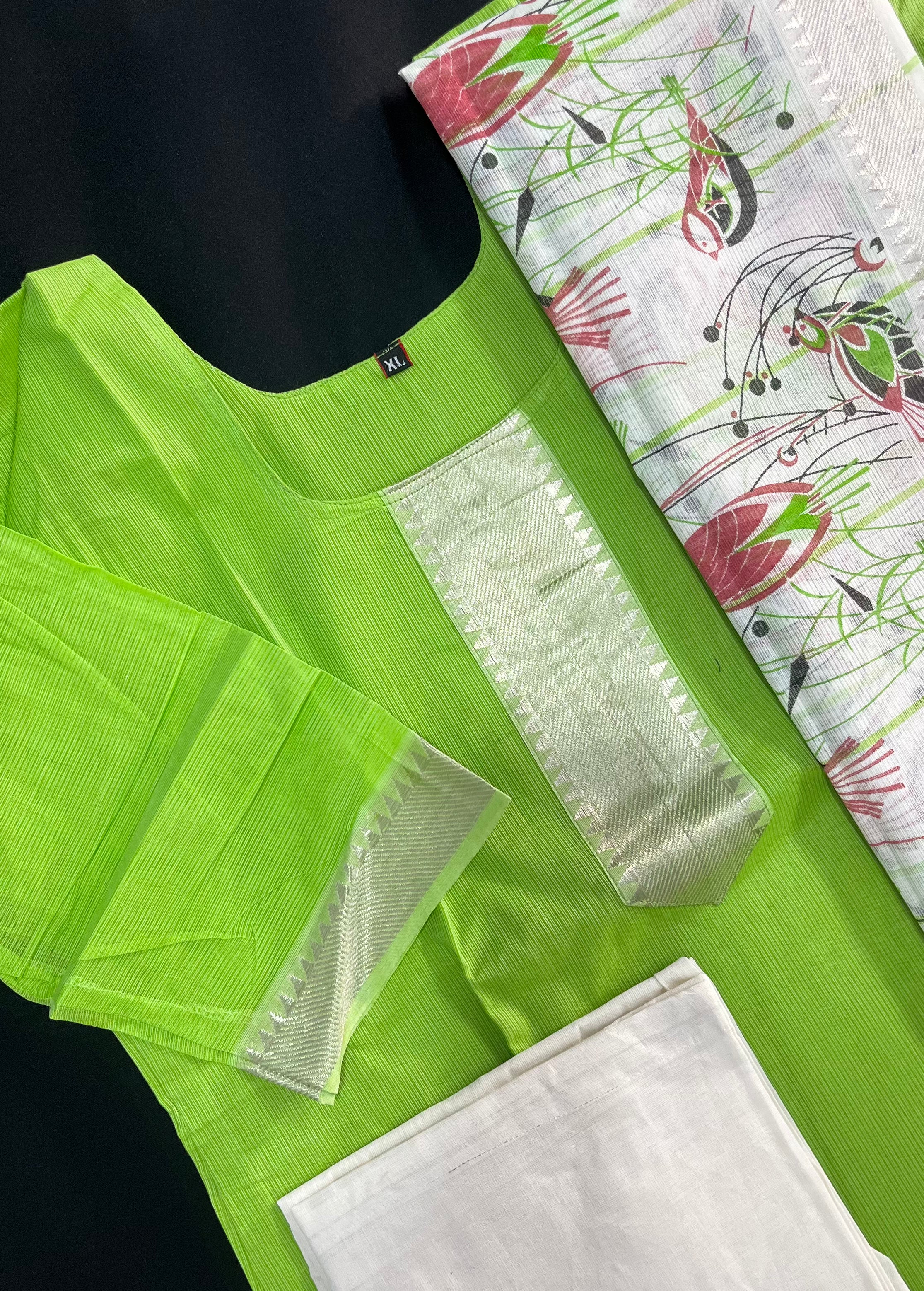 Mangalagiri Cotton Kurti Set Green – Premium Full-Length Lining for Women