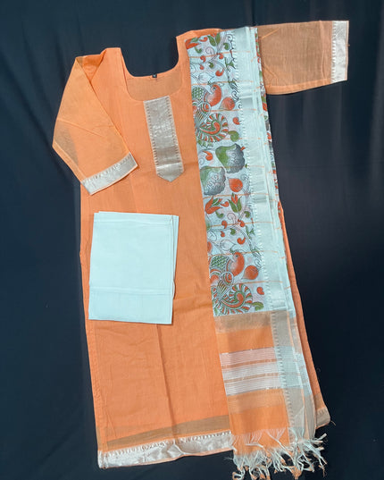 Mangalagiri Cotton Kurti Set Orange – Premium Full-Length Lining for Women