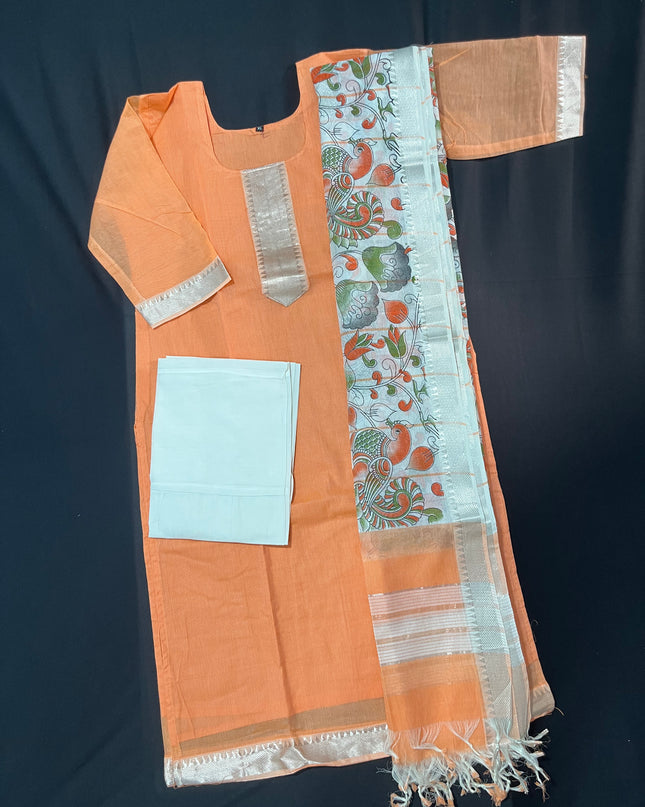 Mangalagiri Cotton Kurti Set Orange – Premium Full-Length Lining for Women