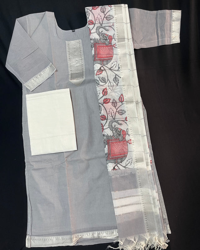 Mangalagiri Premium Kurti Set with Full-Length Lining – Elegant Gray Dress
