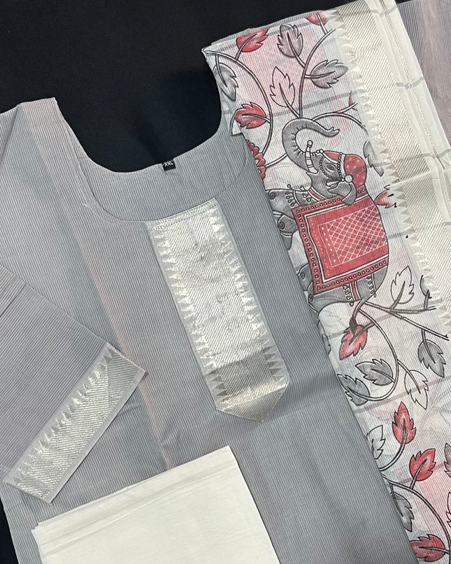 Mangalagiri Premium Kurti Set with Full-Length Lining – Elegant Gray Dress