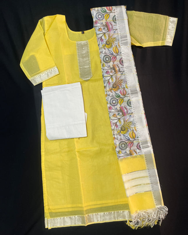 Mangalagiri Premium Kurti Set with Full-Length Lining – Elegant Yellow Dress
