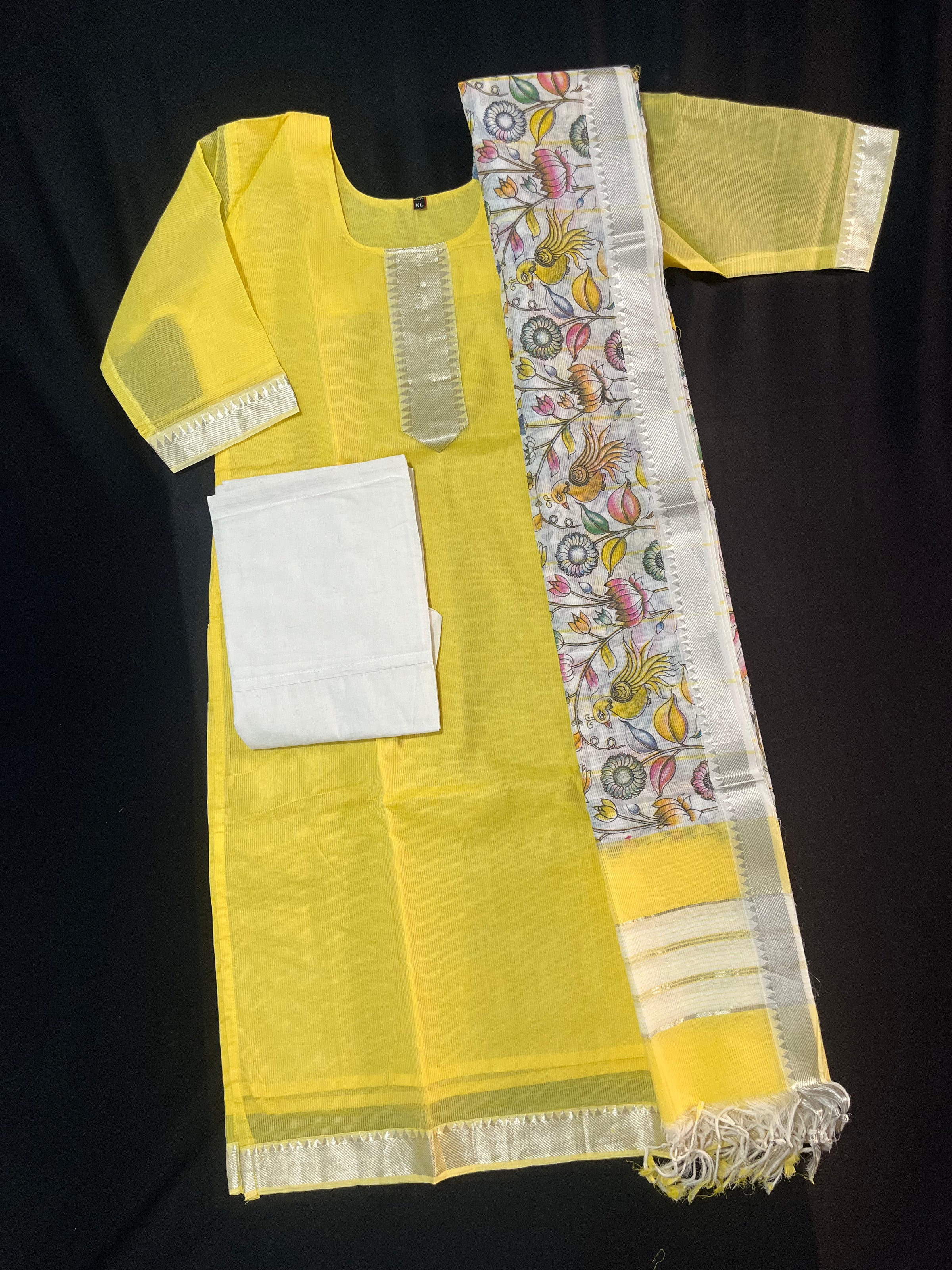 Mangalagiri Premium Kurti Set with Full-Length Lining – Elegant Yellow Dress