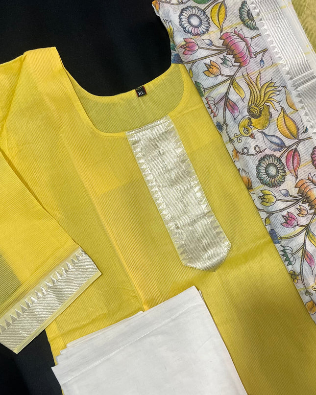 Mangalagiri Premium Kurti Set with Full-Length Lining – Elegant Yellow Dress