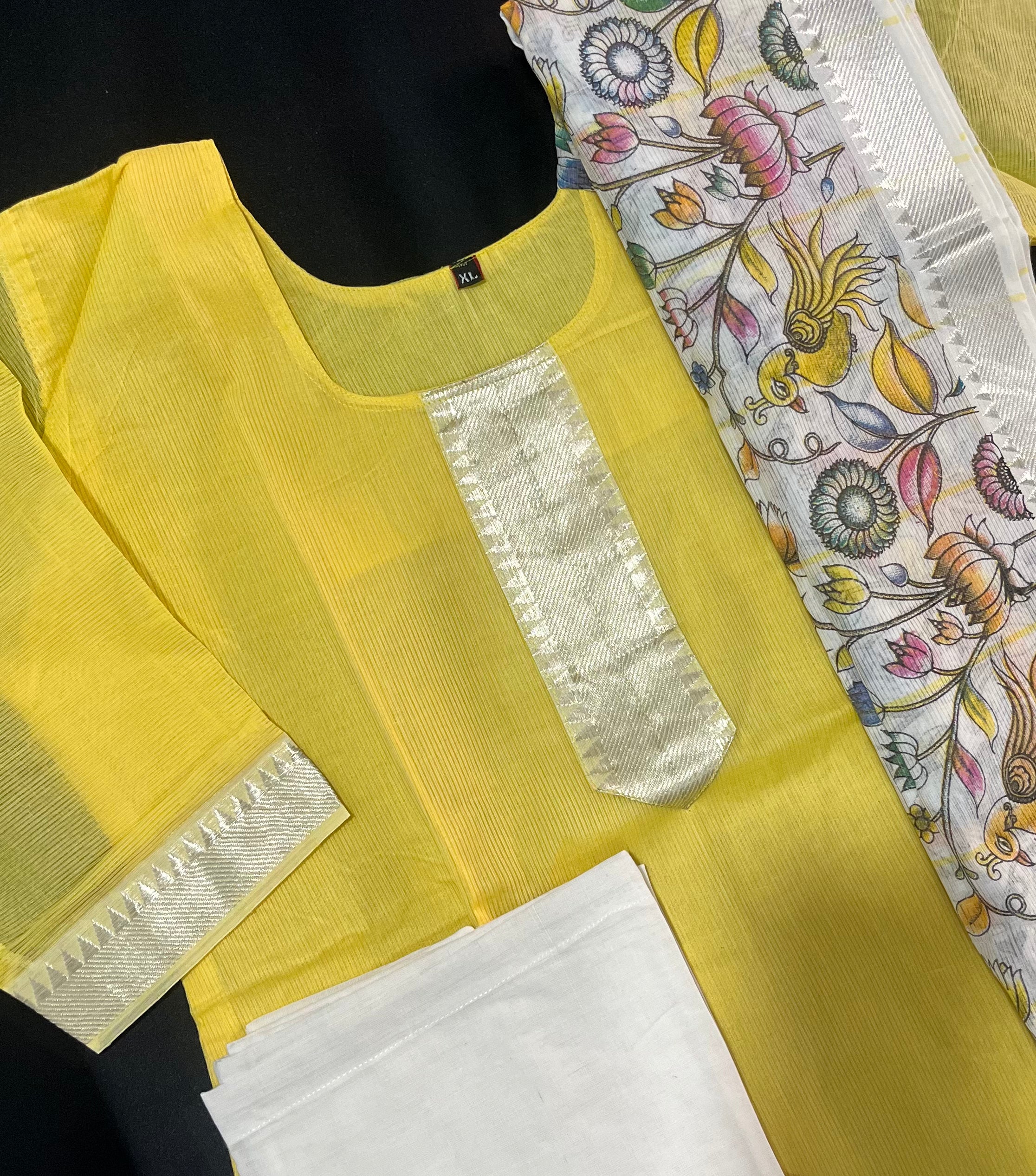 Mangalagiri Premium Kurti Set with Full-Length Lining – Elegant Yellow Dress