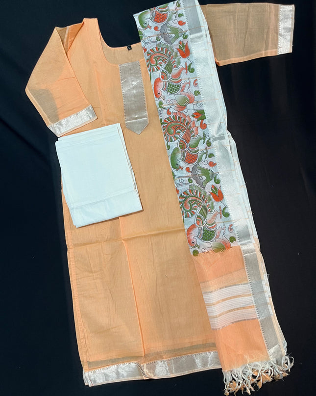 Mangalagiri Premium Kurti Set with Full-Length Lining – Light Orange Elegant Wear