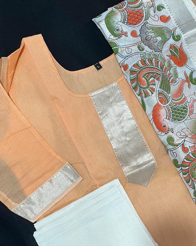 Mangalagiri Premium Kurti Set with Full-Length Lining – Light Orange Elegant Wear