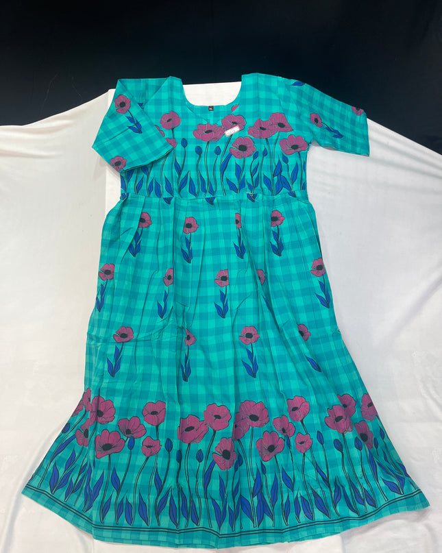 Sea Blue Floral Printed Cotton Frock for Women – Casual Wear | Bhavana Handlooms