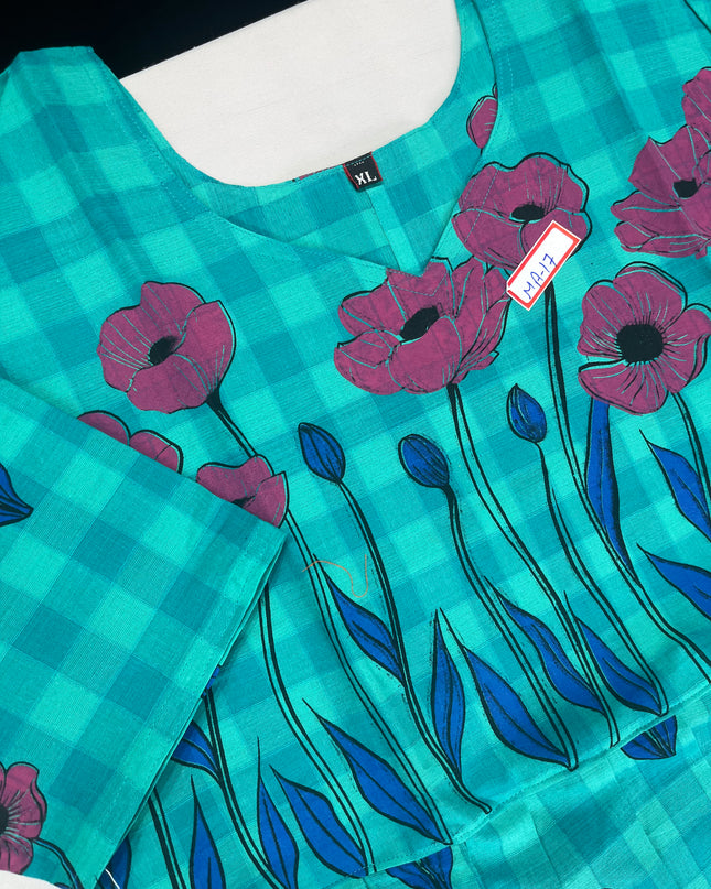 Sea Blue Floral Printed Cotton Frock for Women – Casual Wear | Bhavana Handlooms