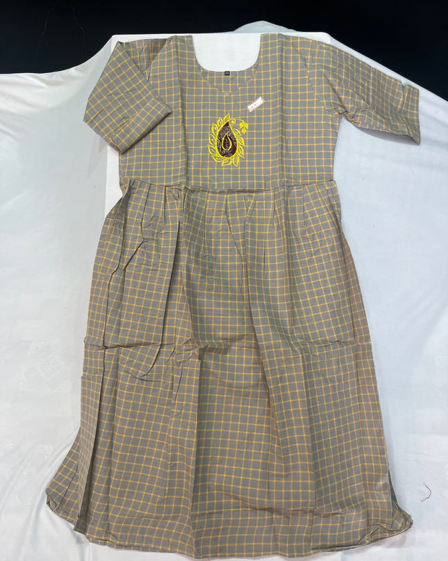 Gray Checks Printed Cotton Frock for Women – Ethnic Casual Wear | Bhavana Handlooms