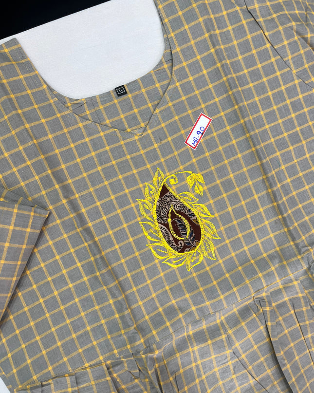 Gray Checks Printed Cotton Frock for Women – Ethnic Casual Wear | Bhavana Handlooms