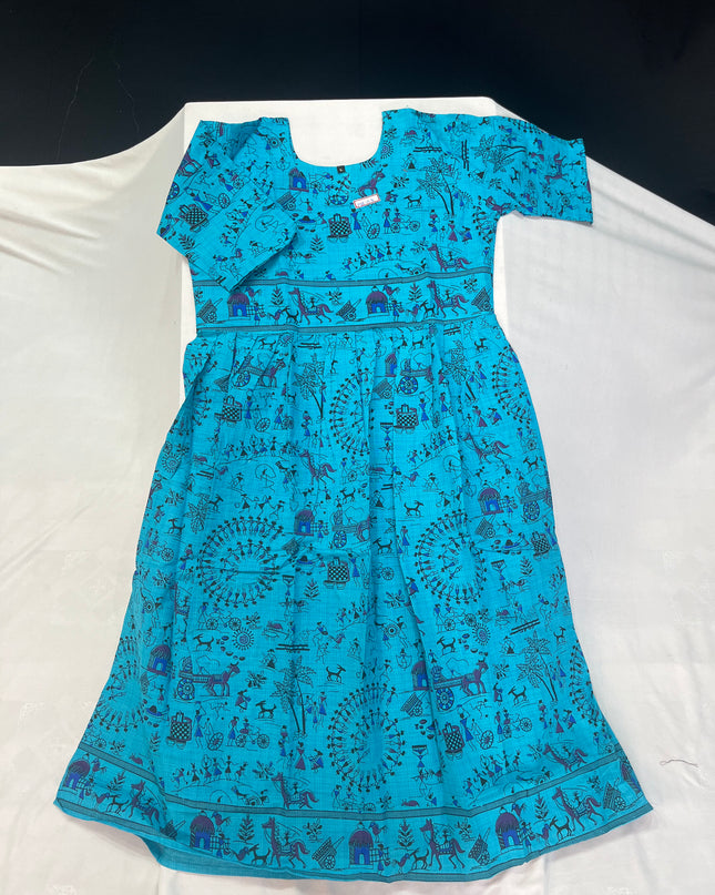Sky Blue Floral Printed Cotton Frock for Women – Casual Wear | Bhavana Handlooms