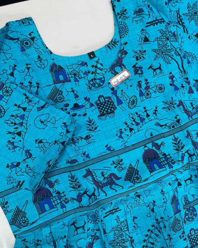 Sky Blue Floral Printed Cotton Frock for Women – Casual Wear | Bhavana Handlooms