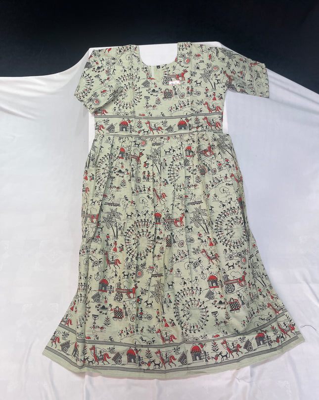 Half White Floral Printed Cotton Frock for Women – Casual Wear | Bhavana Handlooms