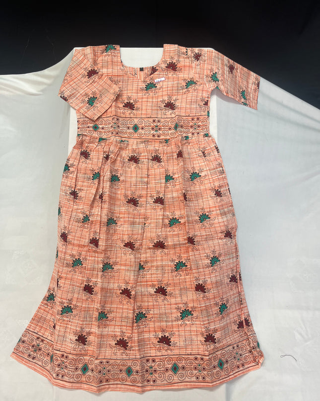 Peach Floral Printed Cotton Frock for Women – Casual Wear | Bhavana Handlooms