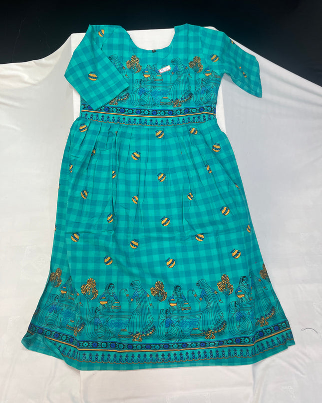 Gollabama Printed Cotton Frock for Women – Sea Blue Dress | Bhavana Handlooms