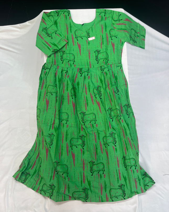 Green Cow Design Cotton Frock for Women – Printed Casual Wear | Bhavana Handlooms