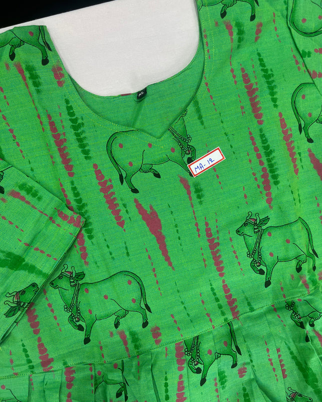 Green Cow Design Cotton Frock for Women – Printed Casual Wear | Bhavana Handlooms