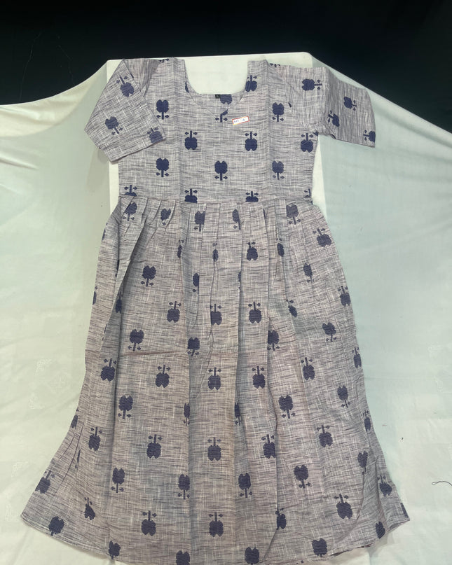Gray Floral Printed Cotton Frock for Women – Casual Wear | Bhavana Handlooms
