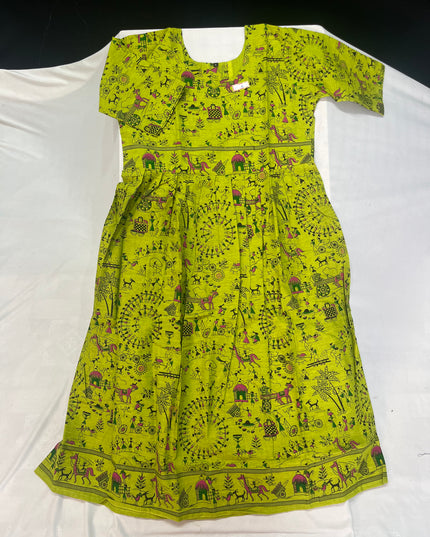 Banana Green  Floral Printed Cotton Frock for Women – Casual Wear | Bhavana Handlooms