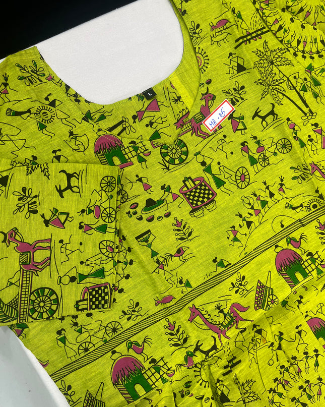 Banana Green  Floral Printed Cotton Frock for Women – Casual Wear | Bhavana Handlooms