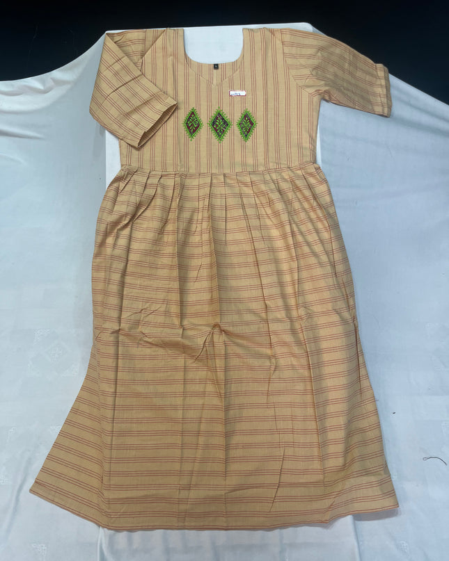 Light brown Checks Cotton Frock for Women – Casual Wear | Bhavana Handlooms