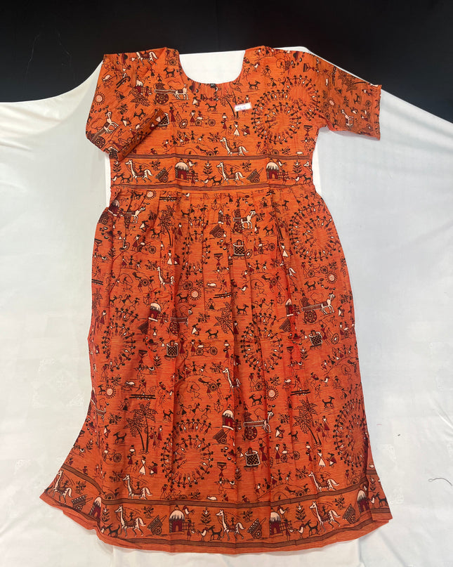 Orange Floral Printed Cotton Frock for Women – Casual Wear | Bhavana Handlooms