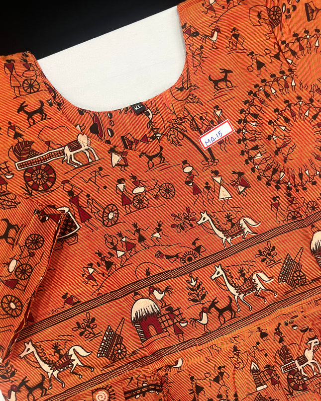 Orange Floral Printed Cotton Frock for Women – Casual Wear | Bhavana Handlooms