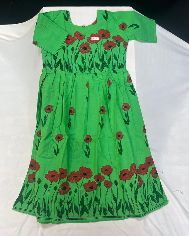 Green Floral Cotton Frock for Women – Printed Ethnic Dress | Bhavana Handlooms