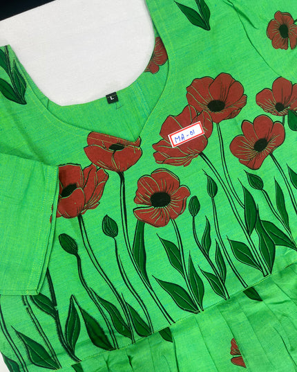 Green Floral Cotton Frock for Women – Printed Ethnic Dress | Bhavana Handlooms