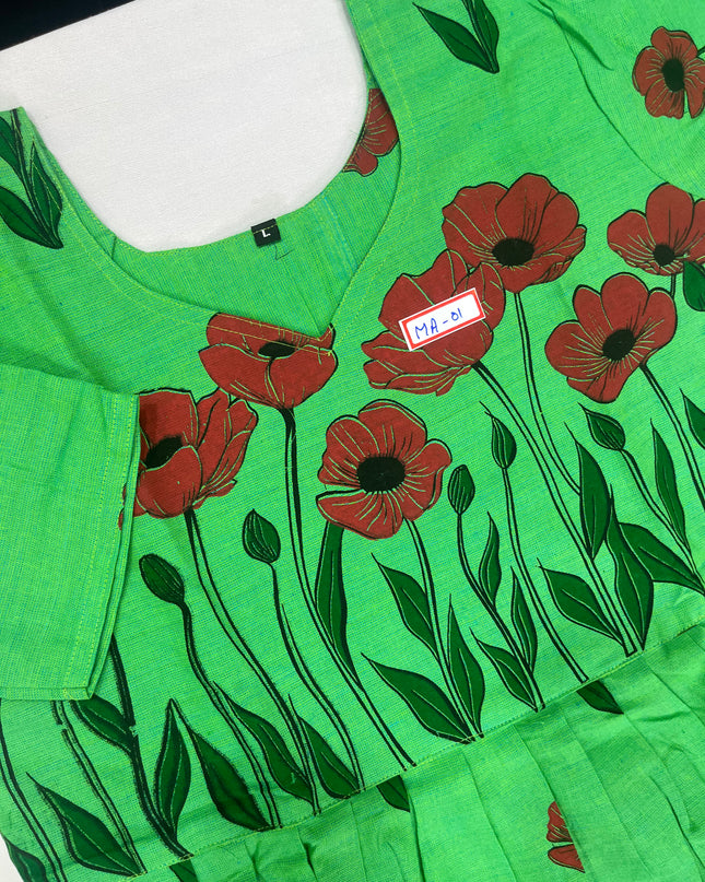 Green Floral Cotton Frock for Women – Printed Ethnic Dress | Bhavana Handlooms