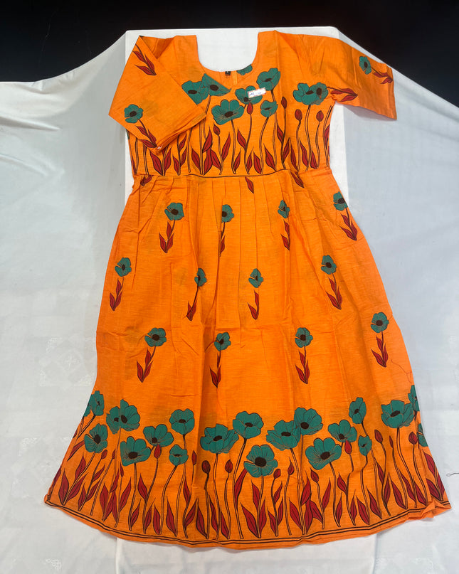 Orange Floral Printed Cotton Frock for Women – Casual Wear | Bhavana Handlooms
