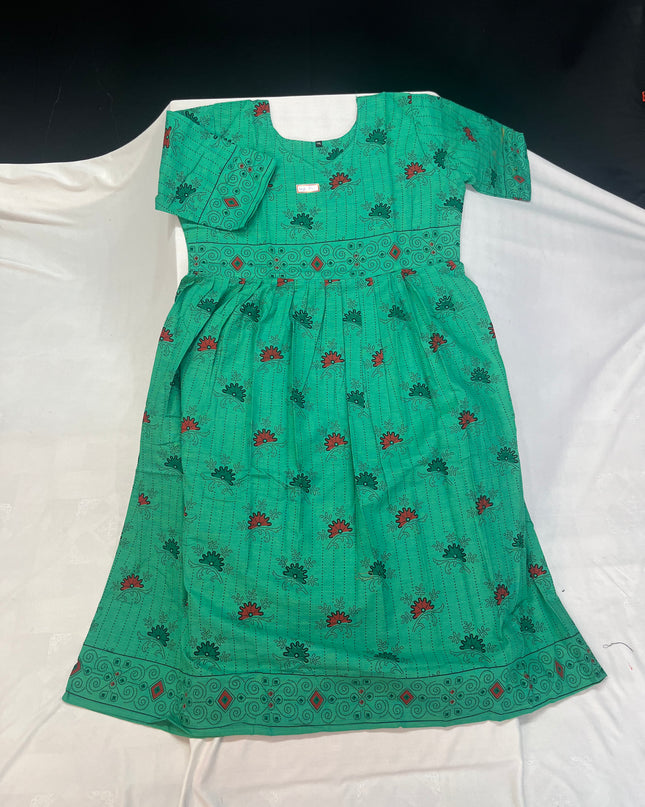 Floral Printed Cotton Frock for Women – Emrold Green Dress | Bhavana Handlooms