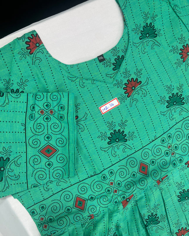 Floral Printed Cotton Frock for Women – Emrold Green Dress | Bhavana Handlooms